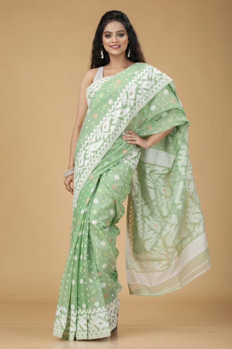 OISHANI SAREE GHOR Women's Traditional Bengal Cotton Silk Soft Jamdani Saree - Beautiful design and Quality - Without Blouse Piece (Mint Green) - Image 5