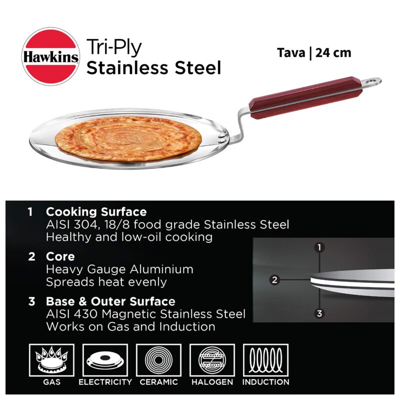 Hawkins 24 cm Tava, Triply Stainless Steel Tawa with Stainless Steel Handle, Induction Tawa, Silver (SSTV24) - Image 7