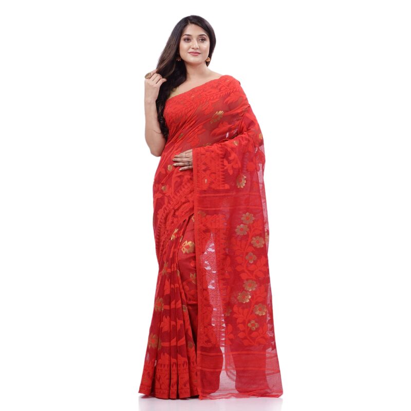 dB DESH BIDESH Women`s Rangabati Resham Dhakai Jamdani Bengal Pure Cotton Handloom Saree without Blouse Piece (Red) - Image 5