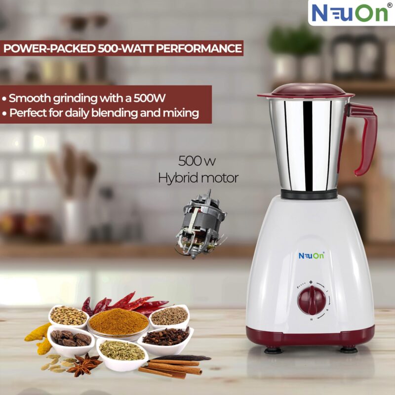 neuon Elite 500 Watt Mixer grinder for Kitchen with 3 Jars Countertop Blender with 3 Speed Levels Stainless Steel Blade Multipurpose Grinding Wet & Dry Masala Chutney and Smoothie - Image 2