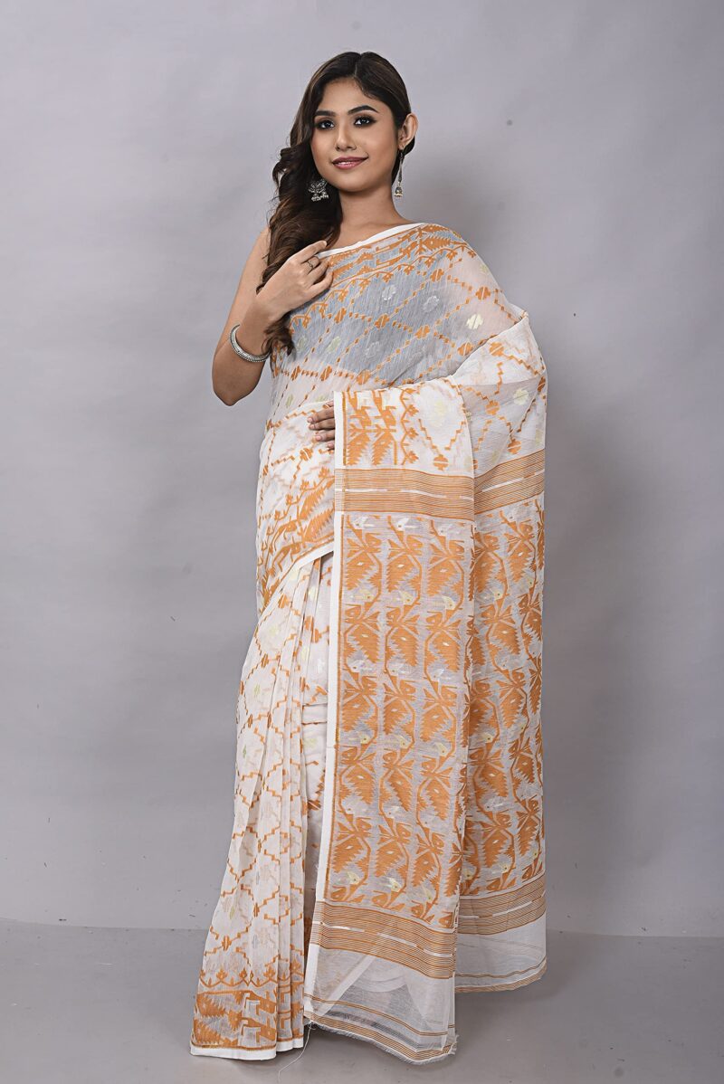 OISHANI SAREE GHOR Women's Traditional Bengal Cotton Silk Soft Jamdani Sarees (White Brown) - Image 6