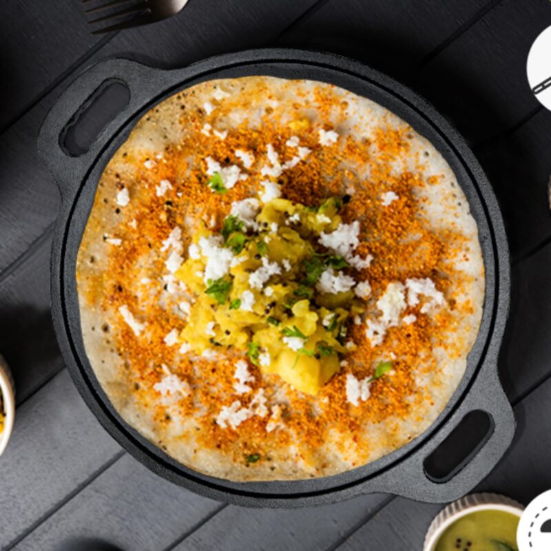 KNOBON Pre-Seasoned Cast Iron Flat Dosa/Roti/Chapati Tawa Pan With 2 Side Handle, Dosa Kallu, Iron Tawa Big Size Non-Toxic Cookware Utensi| Gas And Induction Compatible | 30 Cm (Black) - Image 3