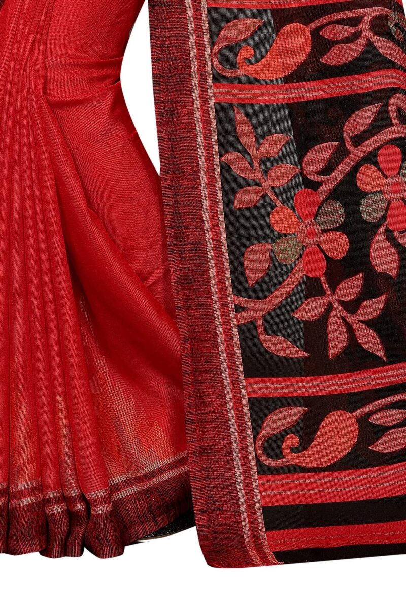 RAJESHWAR FASHION WITH RF Women's Soft Jute Printed Fancy Sarees For Women With Zari Border & Blouse(Red-Black_Free Size 6.30 Mtr) - Image 4