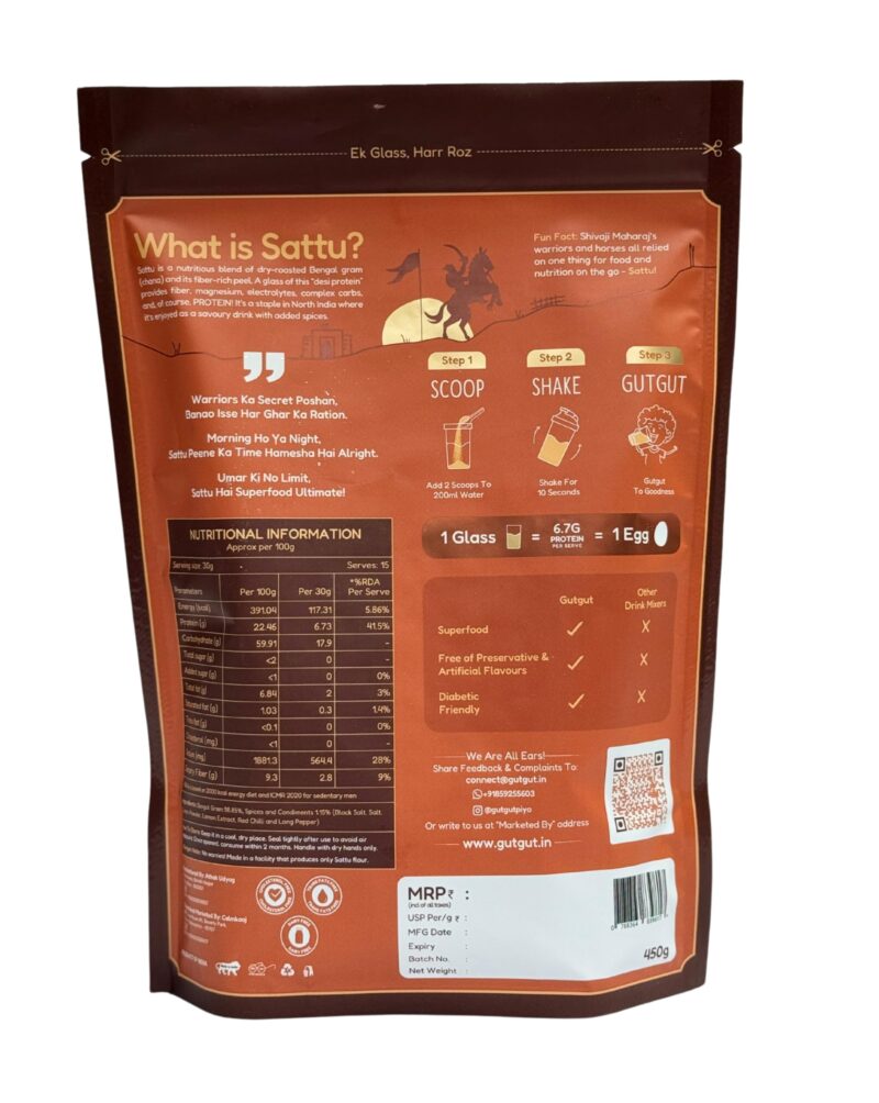 GutGut Sattu Powder | Instant Drink Mix | 100% Natural & Gluten Free Chana Sattu | 30 Glasses 900 grams - Masala Twist Flavour (450g X Pack of 2) - Image 6