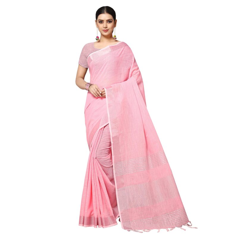 Rekha Maniyar Women's Jacquard Linen Saree With Unstitched Blouse Piece (SILVERLINEN_LIGHTPINK_NS)
