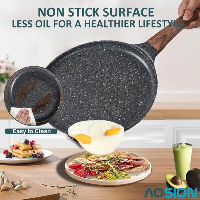 AOSION 11 inch Crepe Pan Nonstick Dosa Tawa Pan,Ceramic Coating Skillet Pan,Tortilla Pan for Pancake Omelette Steak Frying Egg with Ergonmic Handle,For All Stoves - Image 2