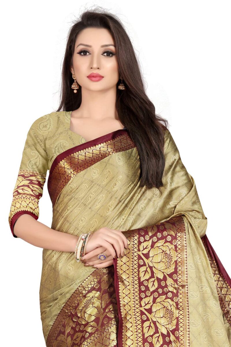 leeza store Banarasi Cotton Silk Kanjivaram Style Saree With Blouse Piece (Cream Color_Free Size) - Image 4