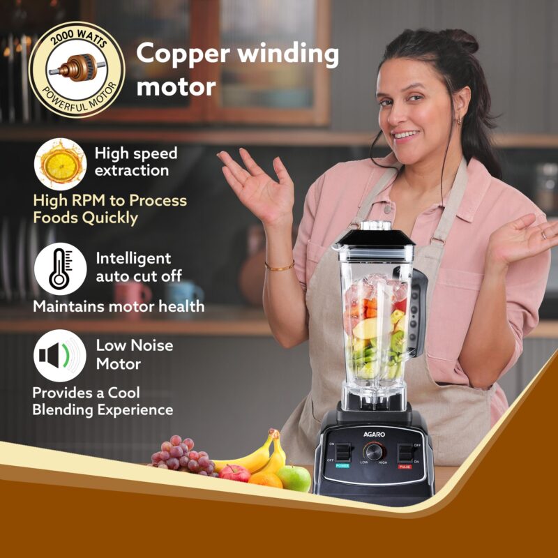 AGARO Grand Professional Blender/Grinder/Mixer, 2000 watts, 2 Litres BPA Free Jar, Commercial heavy duty blender, High Power & Speed Blender, 100% Copper Motor, Pulse Function, 8 Leaf SS Blade - Image 7