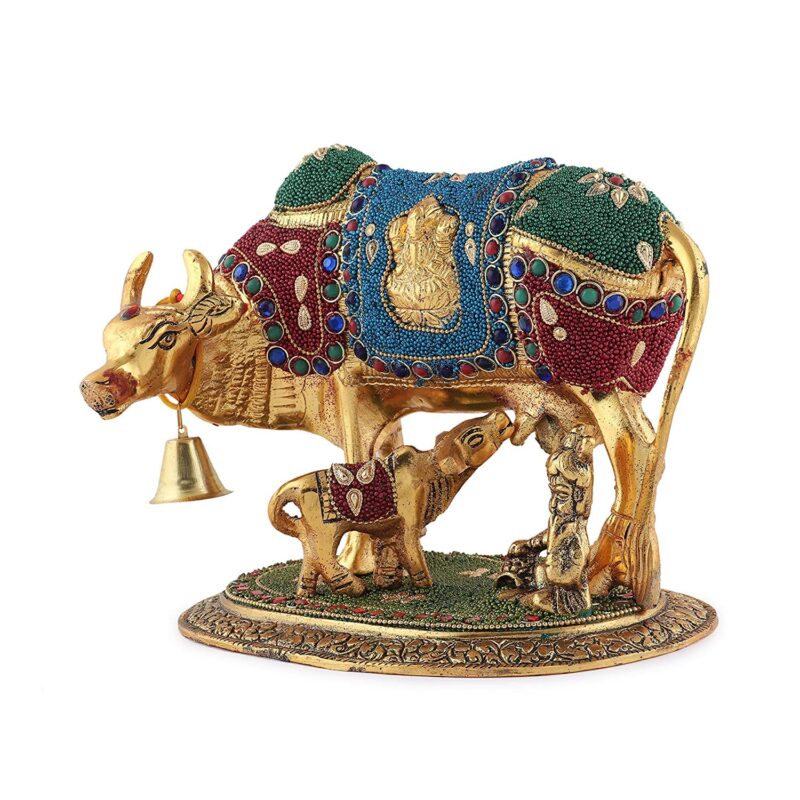 LABHCART Handcrafted Brass Golden Kamdhenu Cow with Calf, Vastu Gau MATA Idol, Spiritual Vastu Nandi Pooja Figurine Sculpture, Kamdhenu Cow & Calf Idol for Home and Office - Image 5