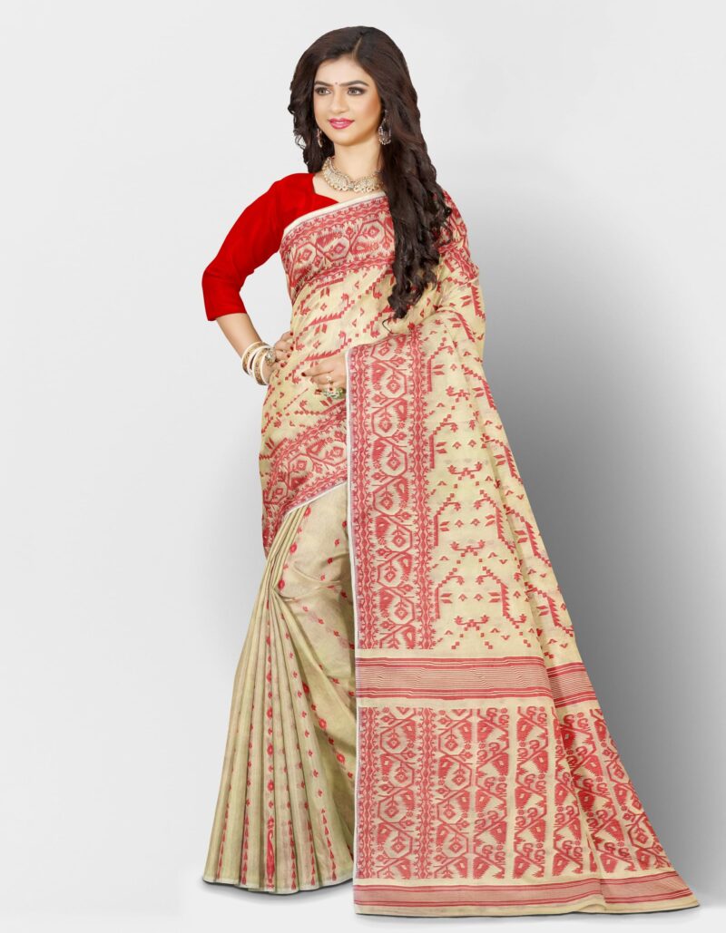 Mayabi Women's Off White & Red Dhakai Jamdani Cotton Silk Saree Traditional Bengali Tant Korat Work, Without Blouse Piece, Starched Texture - Image 4
