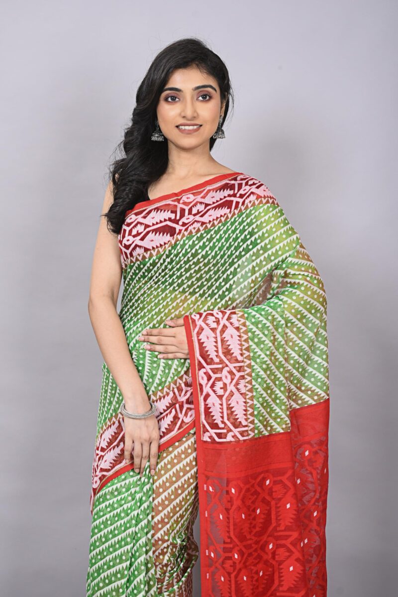 OISHANI SAREE GHOR Women's Traditional Bengal Cotton Resham Jamdani Sarees (Green Red) - Image 2