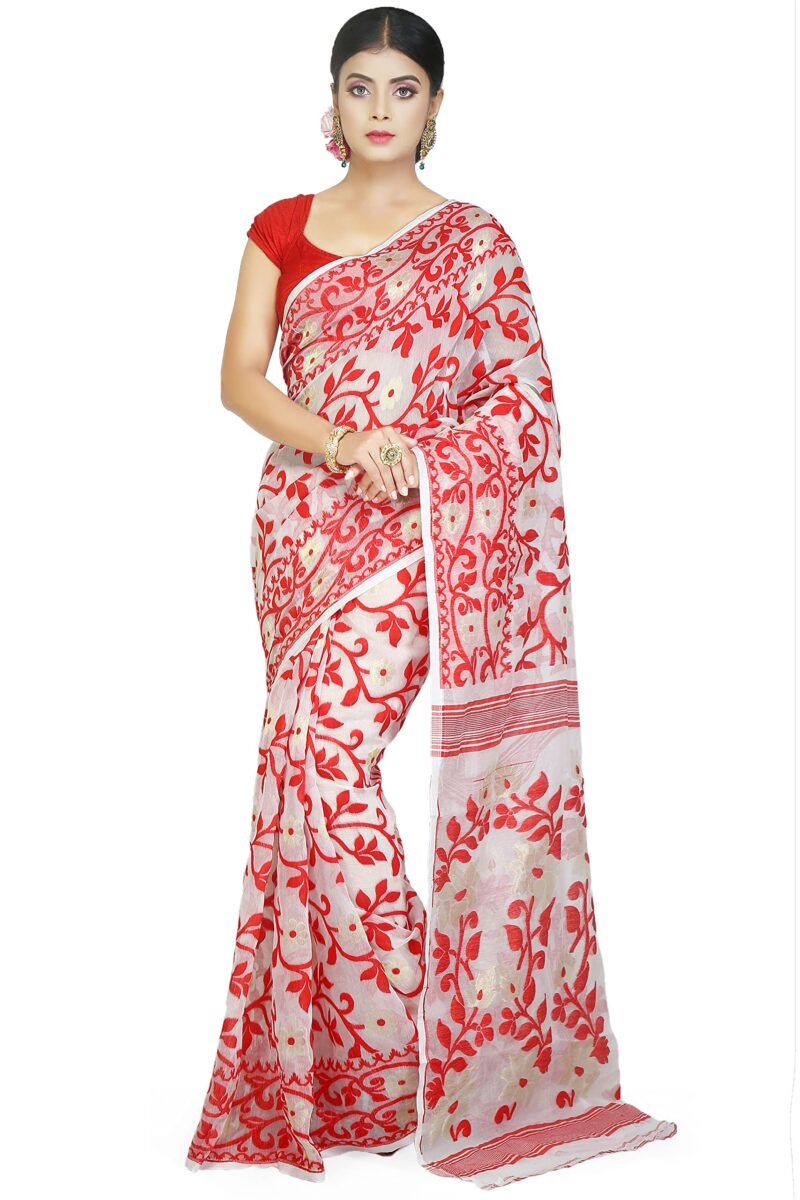 BENGAL HANDLOOM Exclusive Women's Cotton Silk Dhakai Allover Soft Jamdani Sarees (White & Red)