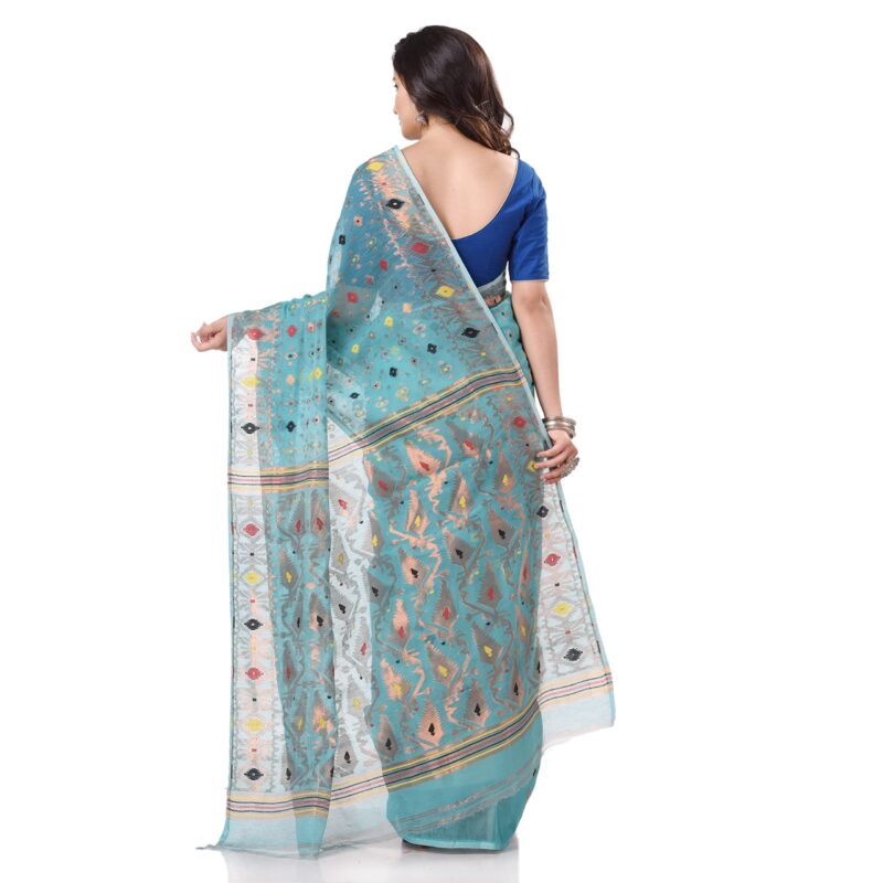 Tantloom Women's Jamdani Cotton Blend Saree With Blouse Piece (Tl290722Jmzarikarat_F_Firozi) - Image 5