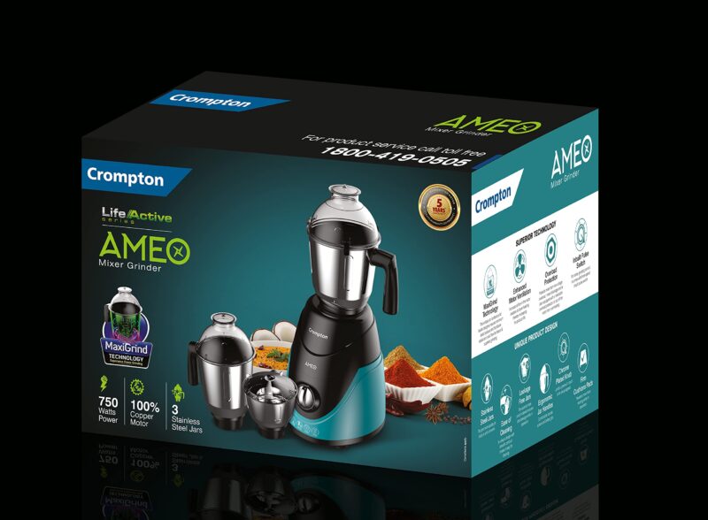 Crompton Ameo 750-Watt Mixer Grinder with MaxiGrind and Motor Vent-X Technology (3 Stainless Steel Jars and 1 Juicer Jar, Black & Green) (AMEO-4JARS) - Image 2