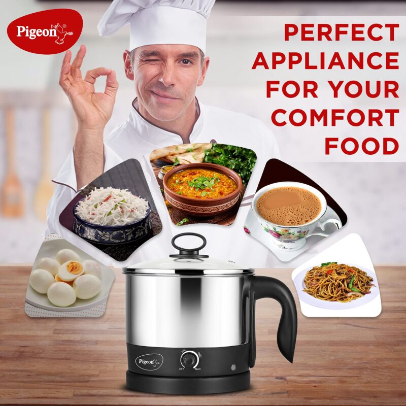 Pigeon Kessel Multipurpose Kettle (12173) 1.2 litres with Stainless Steel Body, used for boiling Water and milk, Tea, Coffee, Oats, Noodles, Soup etc. 600 Watt (Black & Silver) - Image 3