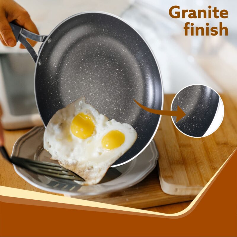 AGARO Elegant Non Stick Frying Pan, 2.25L Capacity, 24 cm Diameter, Induction and Gas Oven Friendly, Riveted Cool Touch Handle, Granite Finish, PFOA Free, 4mm Thick, Cooking, Frying, cookware, Black - Image 3