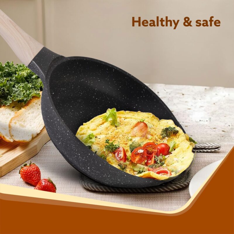 AGARO Imperial Granite Non Stick Cookware Set, 4pcs Cookware Set, 24cm Fry Pan & Casserole with Lid, 16cm Sauce pan with Lid, 28cm Deep Fry Pan with Lid, Cast Aluminium, Gas & Induction Compatible. - Image 6