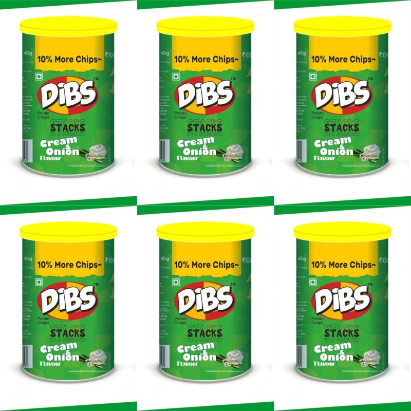 Dibs stacks (Pack of 6, 45 GM Each) Cream N Onion Potato Crisps Chips On the Go Adventure, Crunchy Healthy and Tasty Chips, Snacks Chips
