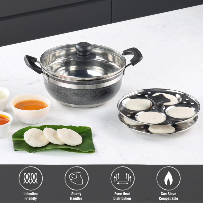 Cello Magna Stainless Steel Multi Kadai Idli cooker with Glass Lid & 2 Idli Plates | Multi-purpose use | Perfect for Frying, Sautéing, Roasting, Preparing sabjis | Dishwasher Safe - Image 8