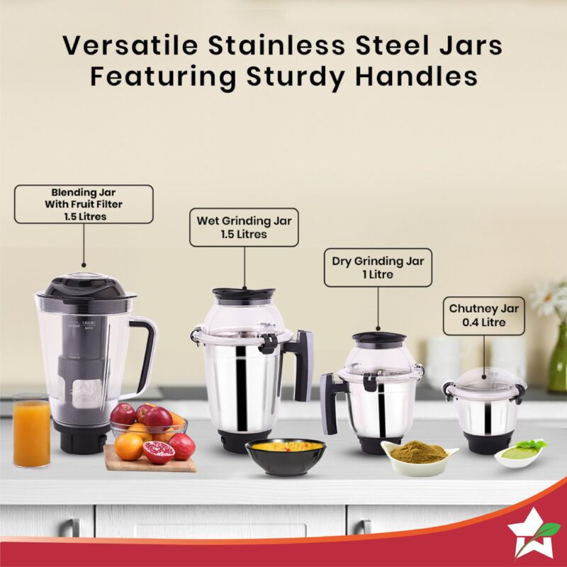 Wonderchef Galaxy Mixer Grinder 750 100% Copper Motor, 4 Stainless Steel Jars, Black & Grey, 5 Years Warranty - Image 2