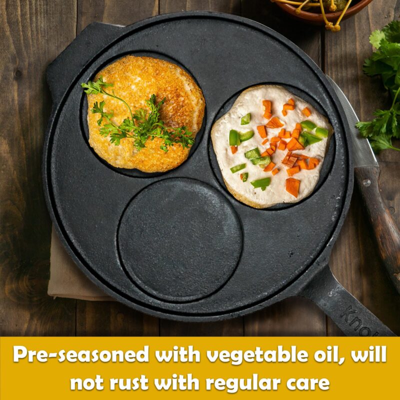 KNOBON Cast Iron Uttapam Tawa | 3 Pit, 26Cm Pancake Pan,Induction Friendly, Naturally Nonstick, 100% Pure & Toxin-Free Uttappam Tawa with Iron Handle| Black - Image 6
