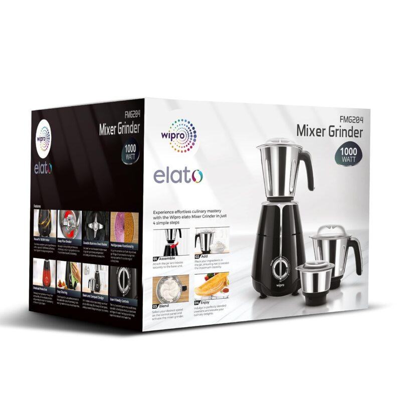 Wipro Elato FMG204 1000 Watt Mixer Grinder with 3 Jars(Wet Grinding Jar (1.5 L) + Dry Grinding Jar (1.2 L) + Chutney Jar (0.5 L)), 100% Copper Motor, 5 Years Motor Warranty, Doorstep Service,Black - Image 6