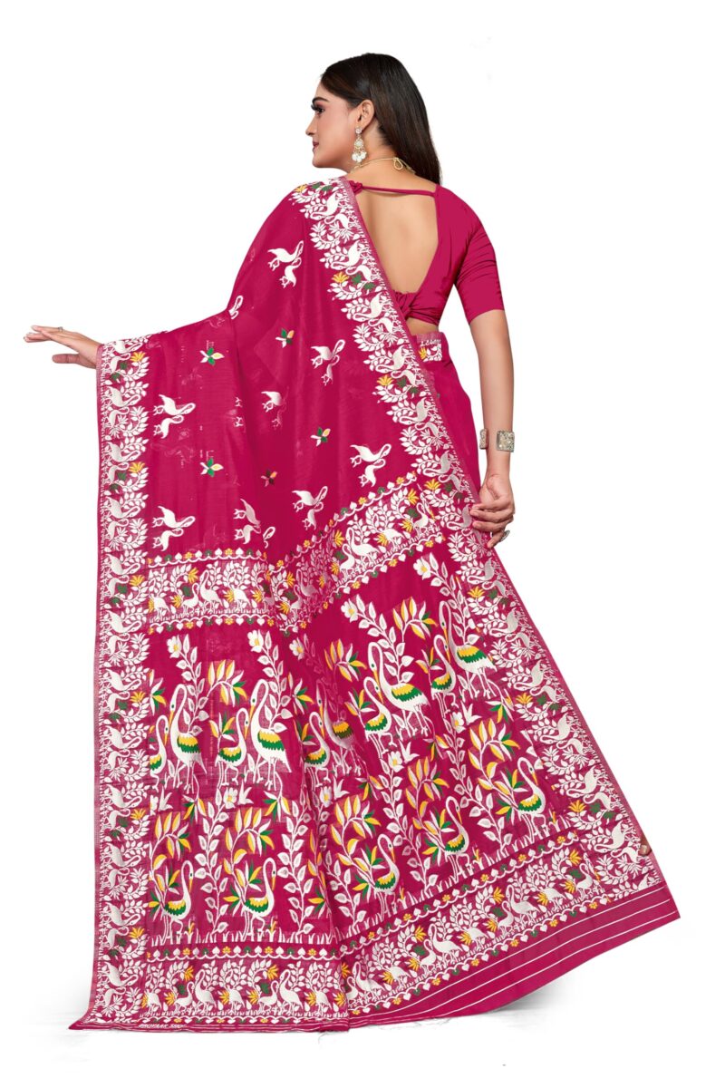 BROYAAR SHOP Jamdani Designer Cotton Blend Silk Saree for Women Without Blouse (Rani) - Image 3