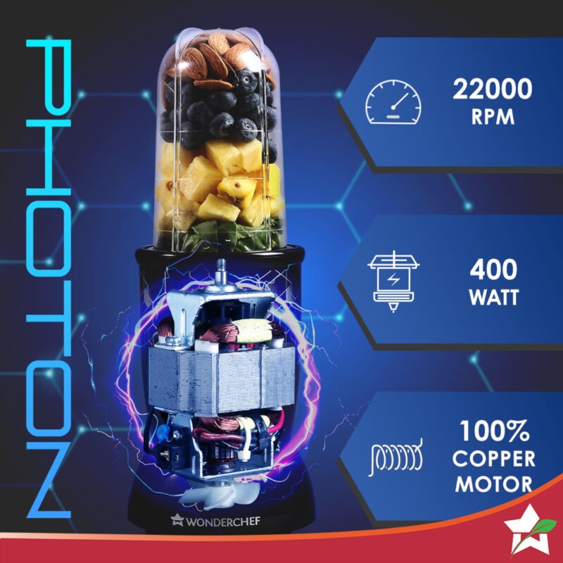 Wonderchef Nutri Blend Photon with Sipper Lid|Mixer, Grinder,Blender & Smoothie Maker|22000 RPM, 400W 100% Full Copper Motor|2 Unbreakable Jars|2 Year Warranty|Recipe book by Chef Sanjeev Kapoor|Black - Image 6