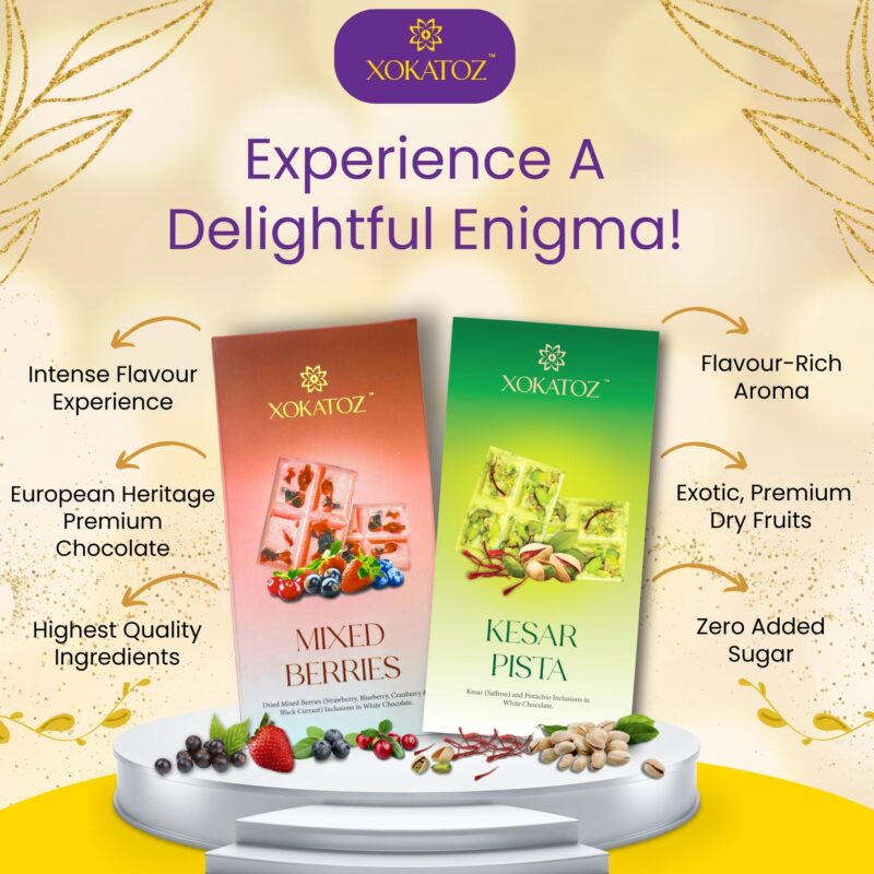 XOKATOZ Exotic Premium Chocolate - 1 Mixed Berries and 1 Kesar Pista Flavours - Flavoured White Chocolate Bars - Gift Set- Pack of 2, 150g (75g x 2) - Image 6