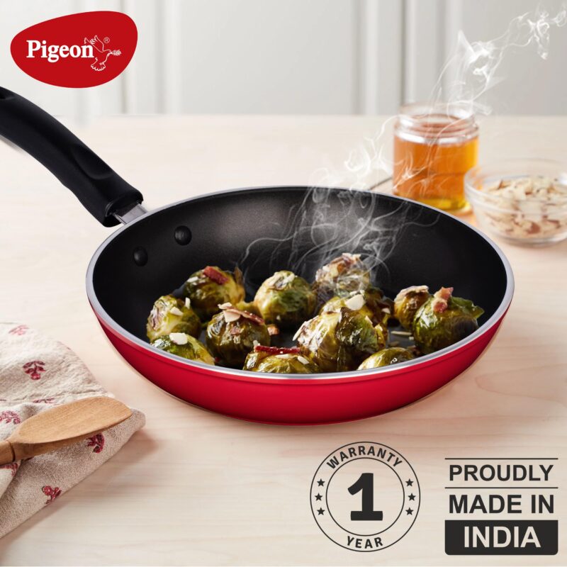 Pigeon by Stovekraft Basics Aluminium Non Stick, Non Induction Base Frypan, 220 mm, Red - Image 6