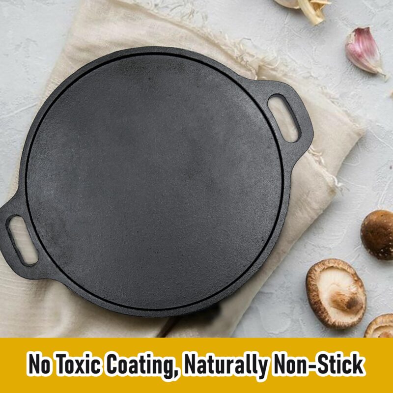KNOBON Pre-Seasoned Cast Iron Flat Dosa/Roti/Chapati Tawa Pan With 2 Side Handle, Dosa Kallu, Iron Tawa Big Size Non-Toxic Cookware Utensi| Gas And Induction Compatible | 30 Cm (Black) - Image 5