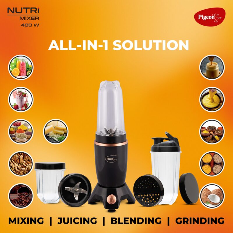Pigeon By Stovekraft Nutri Mixer | Grinder Juicer Blender Smoothie Maker All-in-1 Machine | 400 Watt | 3 Jars- Multiuse Jar 500ml, Dry Grind 300ml, 1 Sipper, 1 Cap, 1 Strainer |2 Blades|1Year Warranty - Image 6