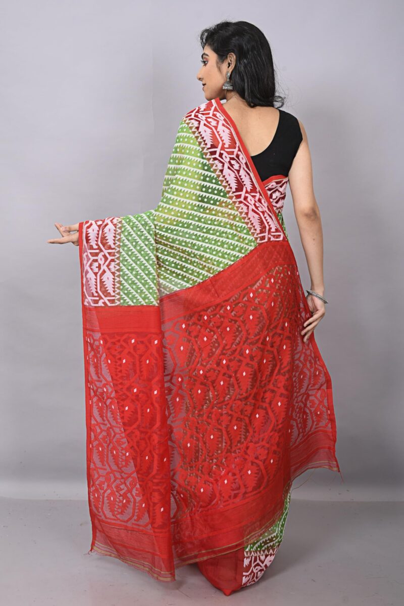 OISHANI SAREE GHOR Women's Traditional Bengal Cotton Resham Jamdani Sarees (Green Red) - Image 5