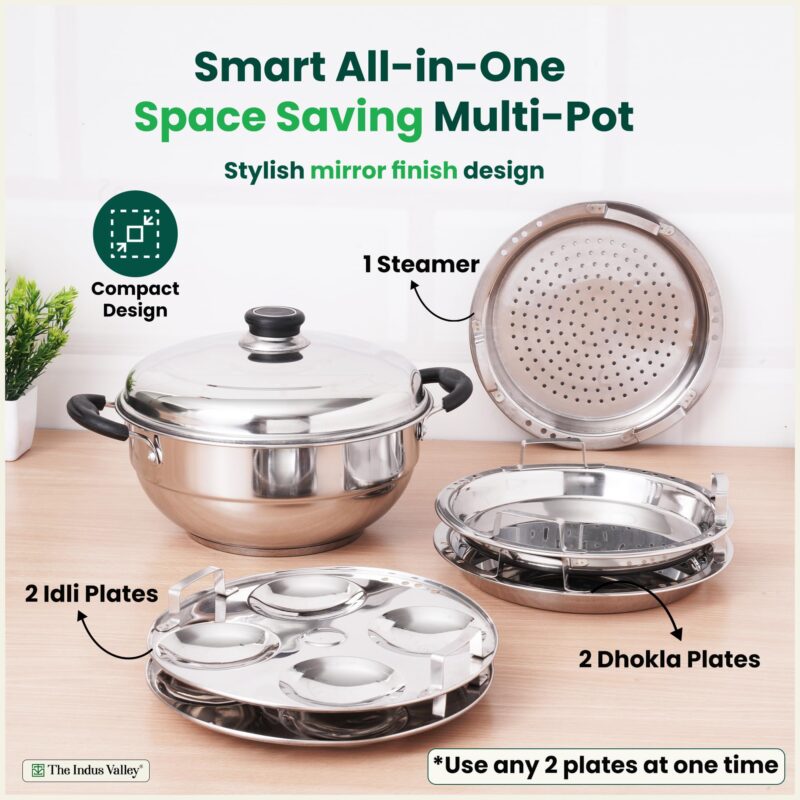 The Indus Valley Stainless Steel Idli Maker/Momo Maker/Multi Kadai/Steamer Set | Small, 5 Plates, 2 Idli | 2 Dhokla | 1 Steamer | 23cm/9 inch, 3Ltr, 1.7kg | 3-Layer Thick Bottom | Induction friendly - Image 2