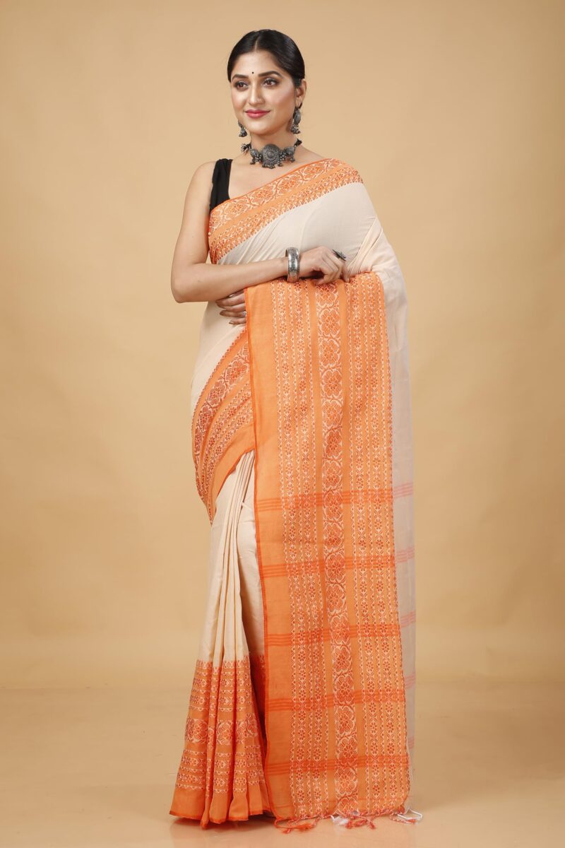 OISHANI SAREE GHOR Women's Traditional Bengal Begampuri Cotton Saree With Blouse Piece. (Muga Orange) - Image 4