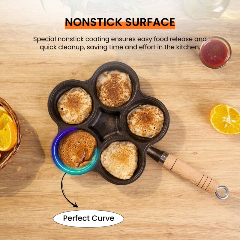 HomeEssentials Cast Iron Egg Pan - 6 Hole Nonstick Skillet with Wood Handle | Omelette Pan | Mini Uttapam Pan | Appam Patra | Litti Maker | Nonstick Pan for Eggs,Dumplings | Egg Frying Pan | 42 cm - Image 6