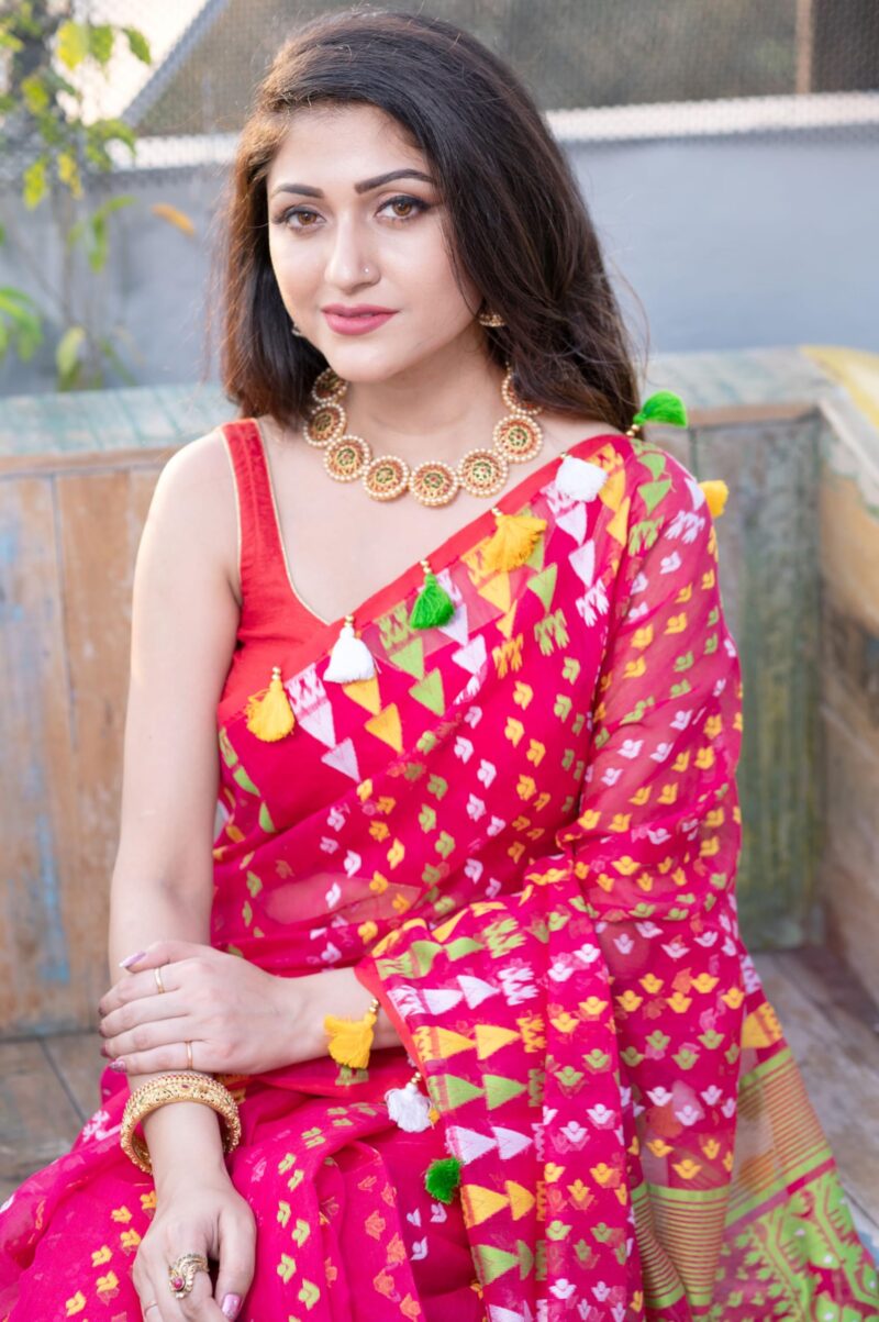 Rupanjali Jamdani Handloom Woven Pure Cotton Soft Light Weight Saree For Women's - Rani - Image 6