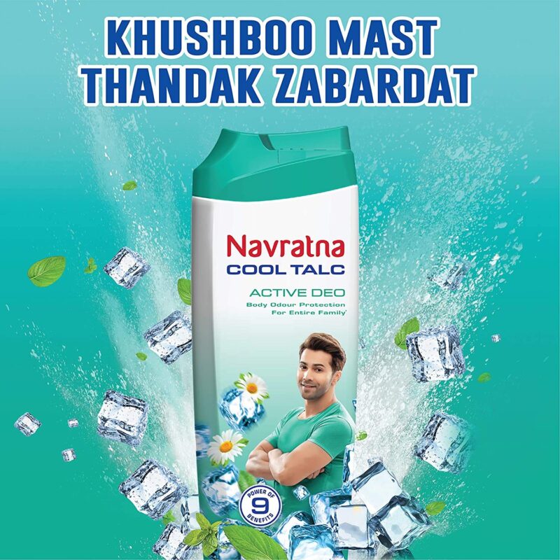 Navratna Maxx Cool Talc |Ice Cooling Effect |For Last Lasting Freshness and Fragrance|Instant Sweat Control, 400gm&Navratna Active Deo for Unisex, 400g - Image 3