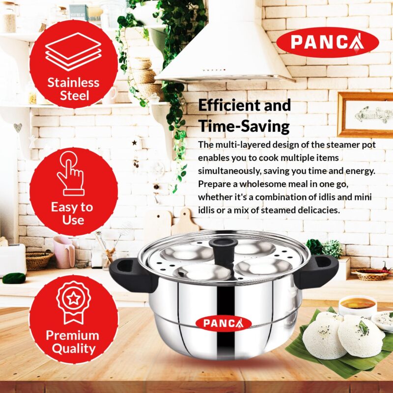 PANCA Idli Maker Stainless Steel Idli Cooker, Idli Steamer, Idly Pot, Dhokla Maker and Mini Idli Plate (Silver, 12 Idli 5 Plate Idli Kadai) - Image 5