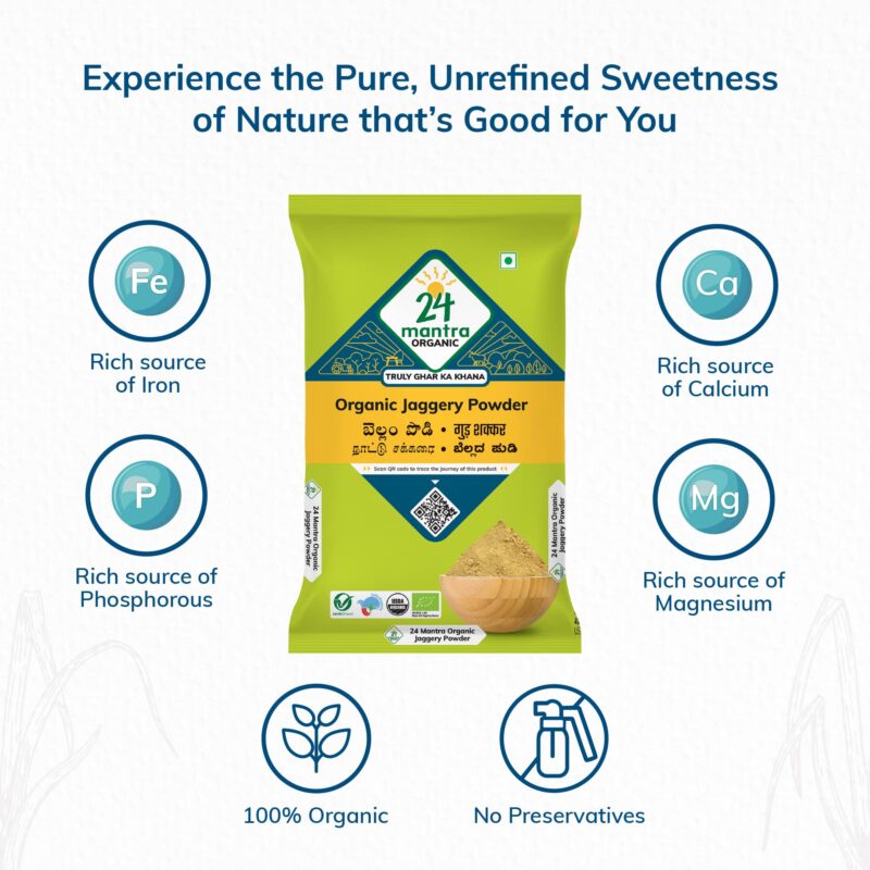 24 Mantra Organic Unbleached Jaggery Powder 500 gms, Healthy Sugar Substitute, Unrefined & Unadulterated | Certified Organic & Chemical Free - Image 3
