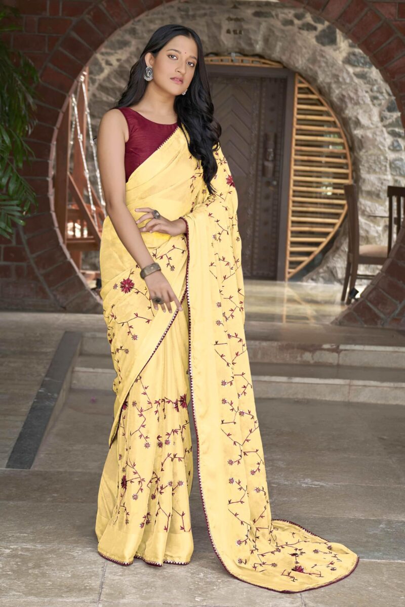 MANOHARI Yellow Poly Georgette Sequence And Embroidery Saree With Blouse Piece_Mn1923 - Women - Image 9