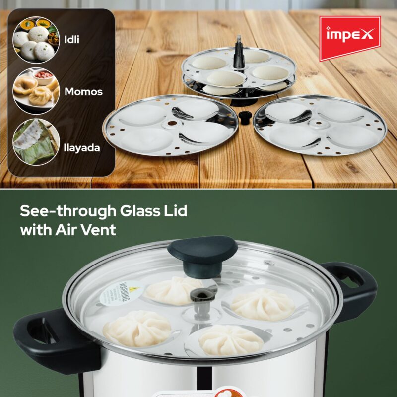 Impex Stainless Steel Idli Cooker With Glass Lid | Induction and Gas Stove Competable Idli Maker | 4.5L Idly Cooker with 4 Plates | 1 year Warranty - Image 4