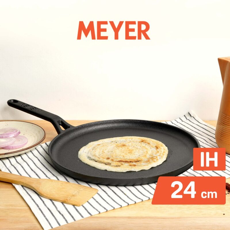Meyer Pre-Seasoned Cast Iron Flat Dosa/Roti/Chapati Tawa Pan with Stick Handle, Dosa Kallu, Iron Tawa Small Size, Gas and Induction Compatible | 24cm, Black - Image 7