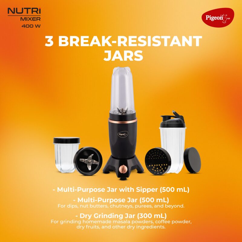 Pigeon By Stovekraft Nutri Mixer | Grinder Juicer Blender Smoothie Maker All-in-1 Machine | 400 Watt | 3 Jars- Multiuse Jar 500ml, Dry Grind 300ml, 1 Sipper, 1 Cap, 1 Strainer |2 Blades|1Year Warranty - Image 3