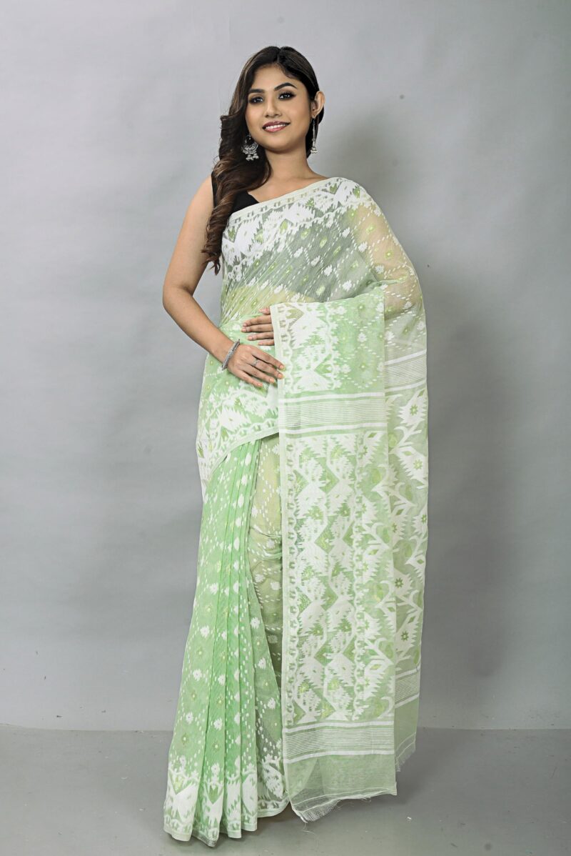 OISHANI SAREE GHOR Women's Traditional Bengal Cotton Silk Soft Jamdani Sarees (Off Green) - Image 2