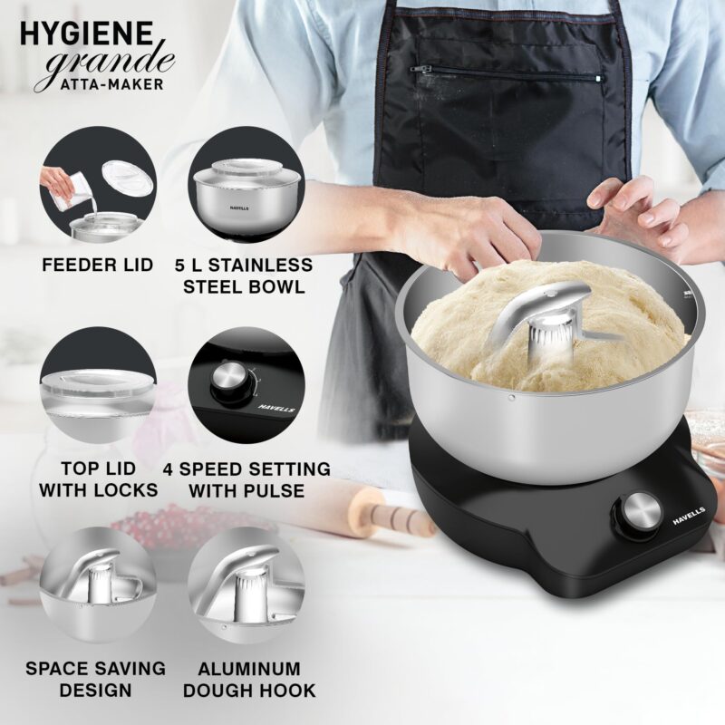 Havells Hygiene Grande Atta Kneader Dough Maker with 5L SS Bowl, Up to 1 KG Dough Maker, 4 Speed, Aluminium Dough Hook, Transparent Anti Splatter Lid with Lock, Hands Free Operation, 2 Yr Warranty - Image 4