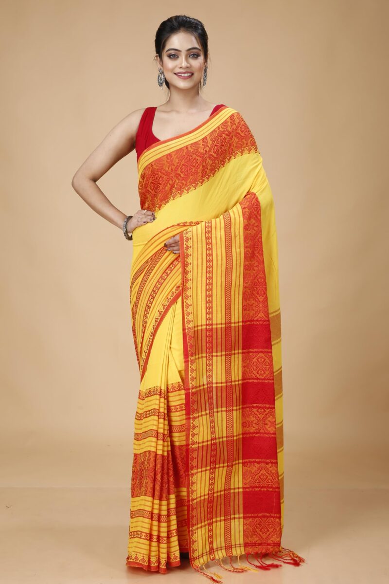 OISHANI SAREE GHOR Women's Traditional Bengal Begampuri Cotton Saree With Blouse Piece (Yellow) - Image 3