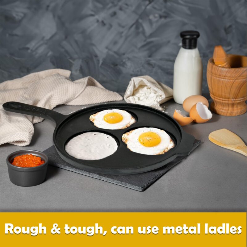 KNOBON Cast Iron Uttapam Tawa | 3 Pit, 26Cm Pancake Pan,Induction Friendly, Naturally Nonstick, 100% Pure & Toxin-Free Uttappam Tawa with Iron Handle| Black - Image 5