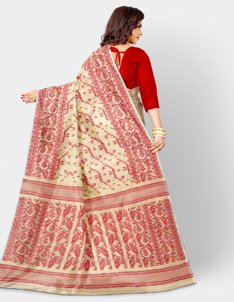 Mayabi Women's Off White & Red Dhakai Jamdani Cotton Silk Saree Traditional Bengali Tant Korat Work, Without Blouse Piece, Starched Texture - Image 5