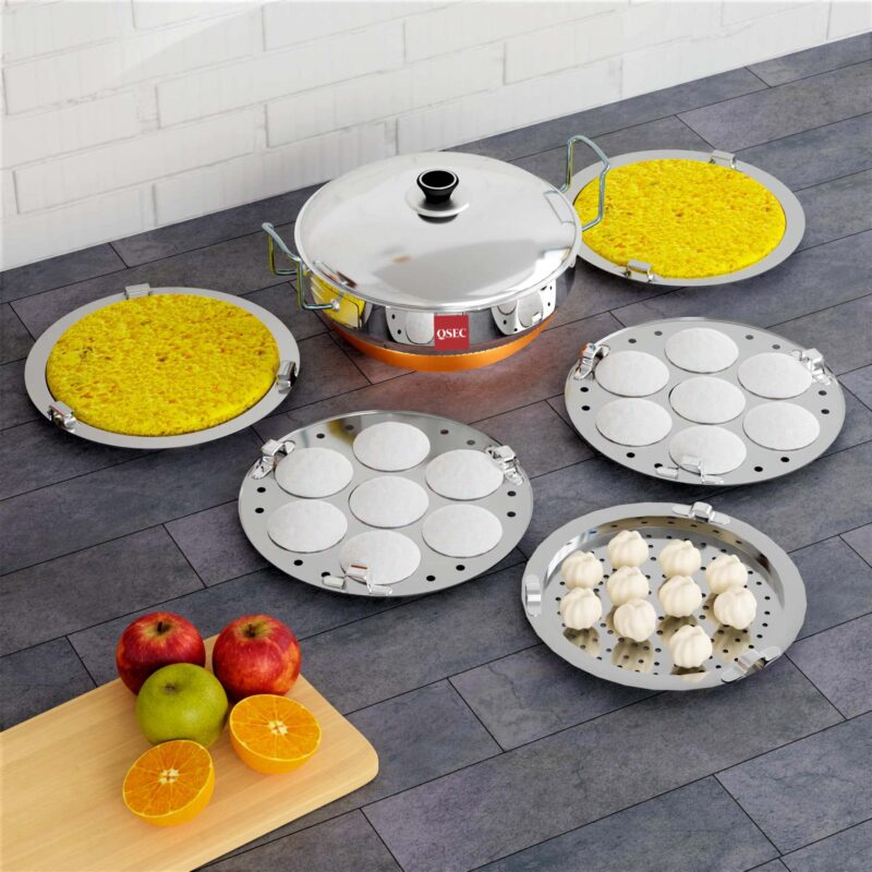 QSEC Stainless Steel Multi Kadai Idli cooker steamer with Copper Bottom All-in-One Big Size dhokla cooker | 5 Plate 2 Idli | 2 Dhokla | 1 Patra | Momo steamer | 3 in 1 | Idli maker steamer - 285MM 100% Non toxin material - Image 9